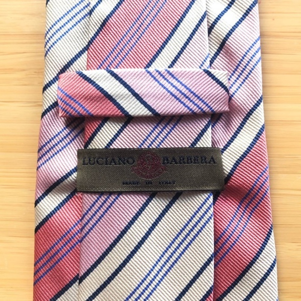Luciano Barbera Silk Tie In Pink With Blue Stripes